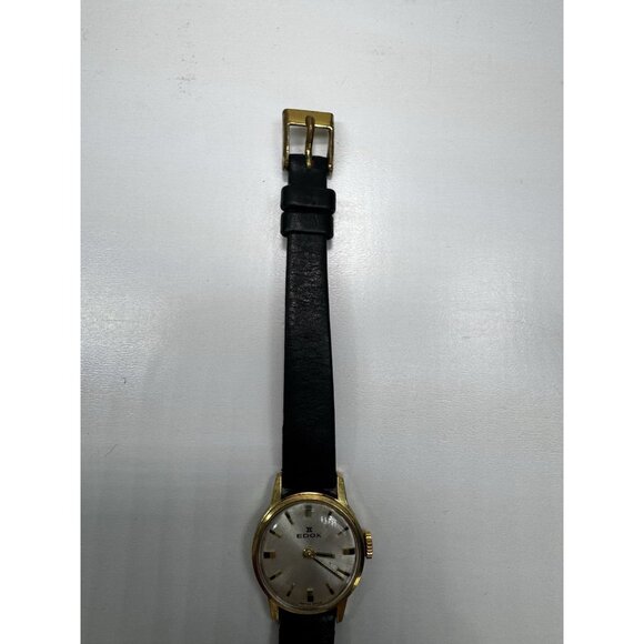 Vintage Edox Swiss Ladies Watch Gold Tone Case Black Leather Band 28690 Works - Picture 8 of 11